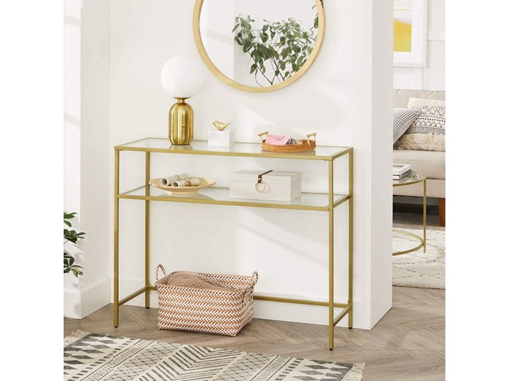 Konsola z półką złota ze szklanym blatem Szkło Głębokość 35 cm Stal nierdzewna Wysokość 80 cm Metal Szerokość 100 cm Styl Glamour Kategoria Konsole