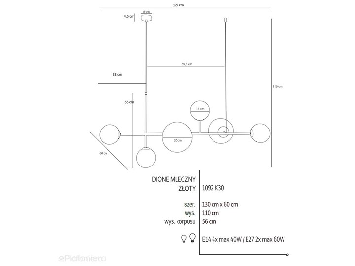 Lampa wisząca poziomy żyrandol, zawiesie złote, 6 mleczne kule (4xE14/2xE27) Aldex (Dione) 1092K30 Lampa z kloszem Szkło Pomieszczenie Kuchnia Metal Styl Nowoczesny