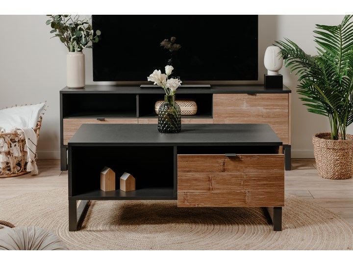 Stolik kawowy z półką i szufladą Sumatra 108x60 Tworzywo sztuczne Metal Szerokość 60 cm Długość 108 cm Płyta MDF Szkło Wysokość 45 cm Zestaw stolików Funkcje Z szufladami Wysokość 45,5 cm Drewno Kształt blatu Prostokątne