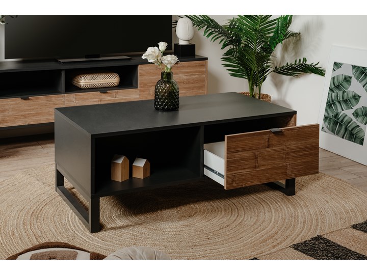 Stolik kawowy z półką i szufladą Sumatra 108x60 Długość 108 cm Wysokość 45,5 cm Drewno Szkło Płyta MDF Zestaw stolików Styl Industrialny Wysokość 45 cm Metal Tworzywo sztuczne Szerokość 60 cm Funkcje Z półkami