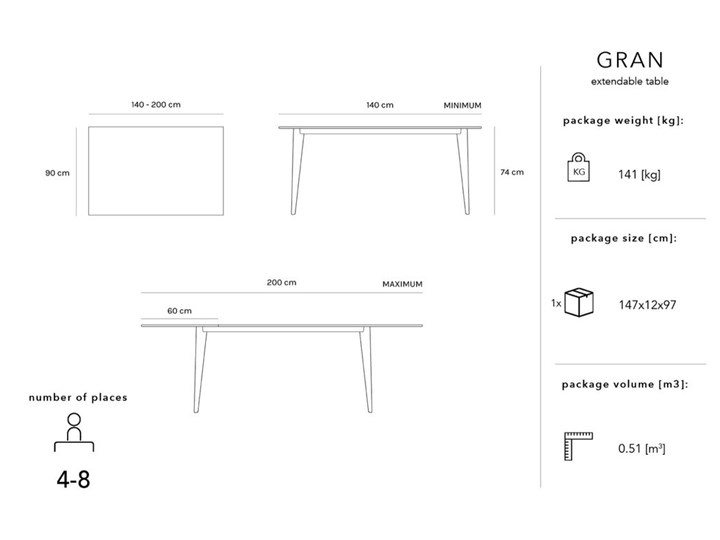 Stół rozkładany Gran 140-200x90 cm czarny Drewno Płyta fornirowana Kształt blatu Prostokątny