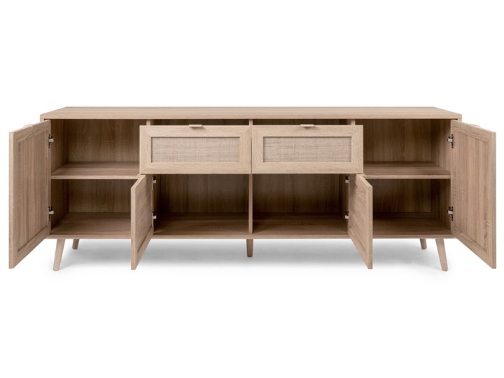 Szeroka komoda do salonu Bali 2S4D w stylu boho Wysokość 71 cm Wysokość 70 cm Płyta MDF Szerokość 180 cm Szerokość 150 cm Głębokość 40 cm Rattan Styl Skandynawski
