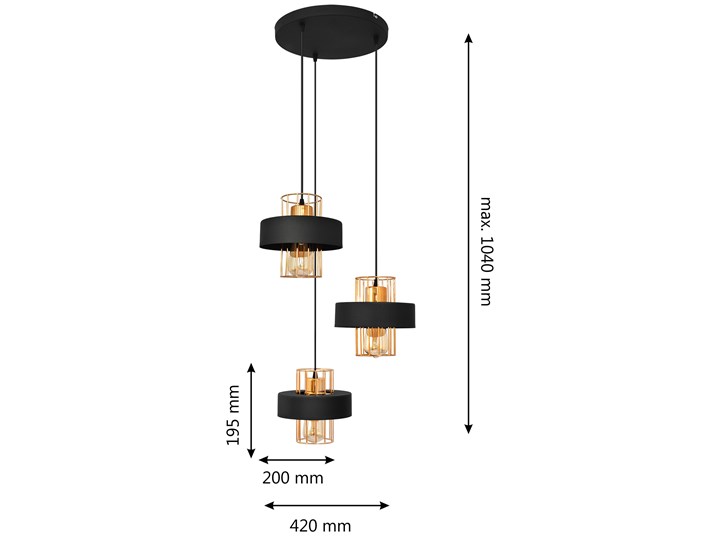 Lampa wisząca na kole VOLTA W-KD 1377/3 BK+BR Metal Lampa z kloszem Lampa druciana Styl Nowoczesny