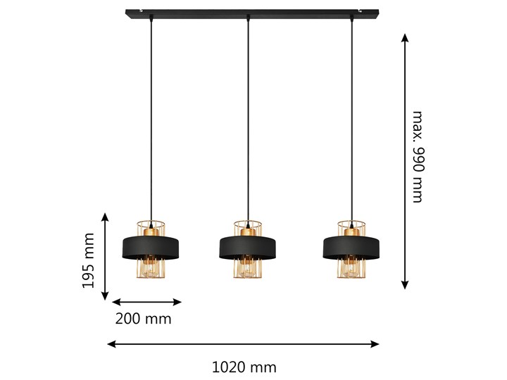 Lampa wisząca potrójna VOLTA W-L 1377/3 BK+BR Lampa z kloszem Lampa druciana Metal Styl Nowoczesny