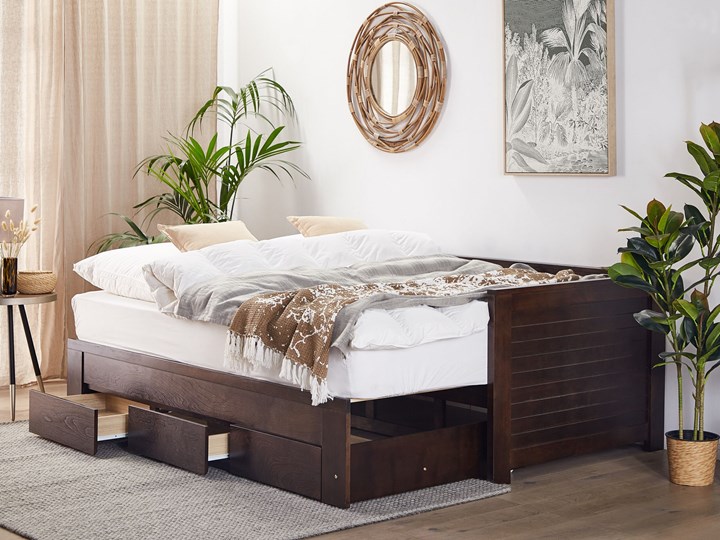 Beliani Łóżko brązowe drewniane 90/180 x 200 cm ze stelażem wysuwane dodatkowe łóżko 3 szuflady skandynawskie Drewno Rozmiar materaca 160x200 cm