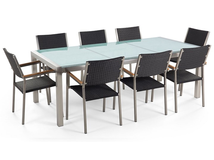 Beliani Zestaw ogrodowy stół z krzesłami blat szkło hartowane efekt tłuczonego szkła 220 x 100 cm 6 krzeseł czarnych z technorattanu sztaplowanych Stoły z krzesłami Stal Styl Nowoczesny