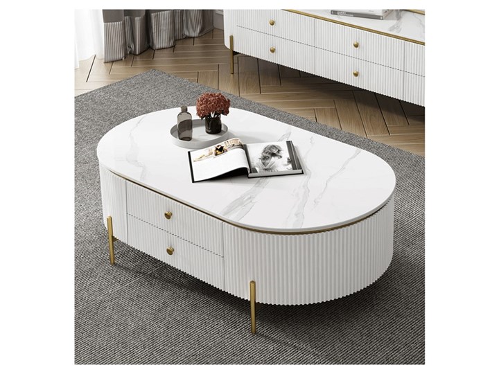 Nowoczesny stolik kawowy biało złoty Glamour blat marmur syntetyk Giness Funkcje Z szufladami Metal Płyta MDF Szerokość 70 cm Stal Wysokość 47 cm Długość 130 cm Kolor Biały