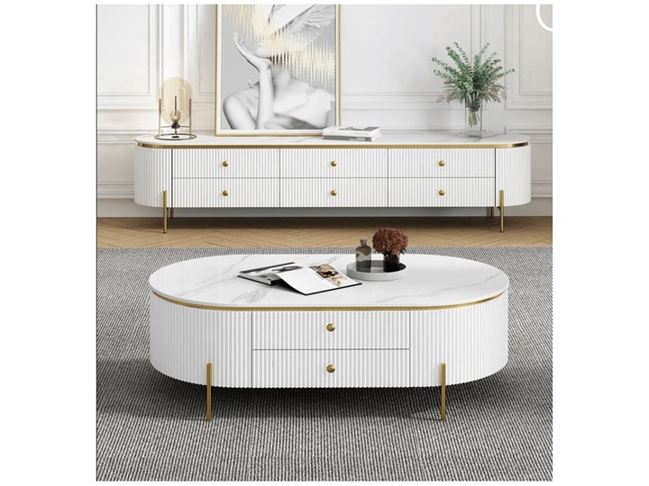 Nowoczesny stolik kawowy biało złoty Glamour blat marmur syntetyk Giness Płyta MDF Długość 130 cm Szerokość 70 cm Stal Metal Wysokość 47 cm Funkcje Z szufladami