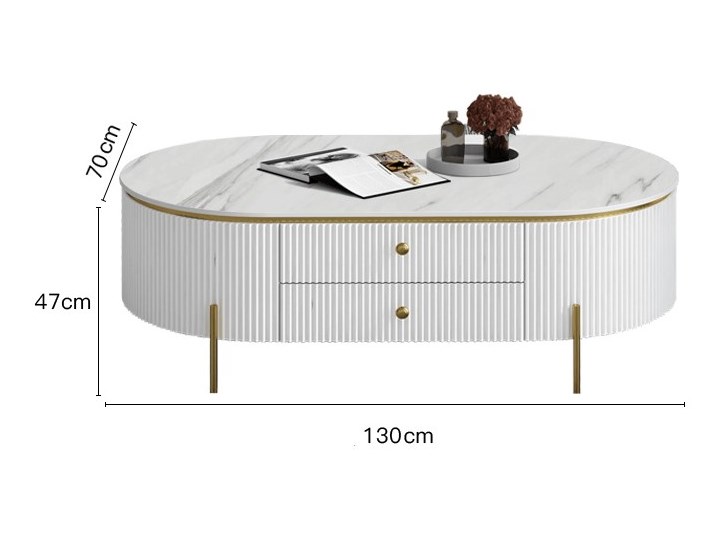 Nowoczesny stolik kawowy biało złoty Glamour blat marmur syntetyk Giness Szerokość 70 cm Wysokość 47 cm Płyta MDF Stal Długość 130 cm Kolor Biały Metal Funkcje Z szufladami