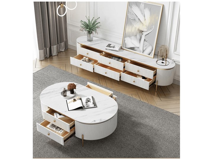 Nowoczesny stolik kawowy biało złoty Glamour blat marmur syntetyk Giness Stal Wysokość 47 cm Długość 130 cm Metal Płyta MDF Szerokość 70 cm Kolor Biały
