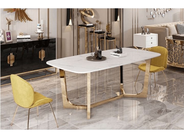 Ekskluzywny stół biało złoty marmurowy syntetyk Kenton 180 / 90 Wysokość 75 cm Stal Kolor Biały