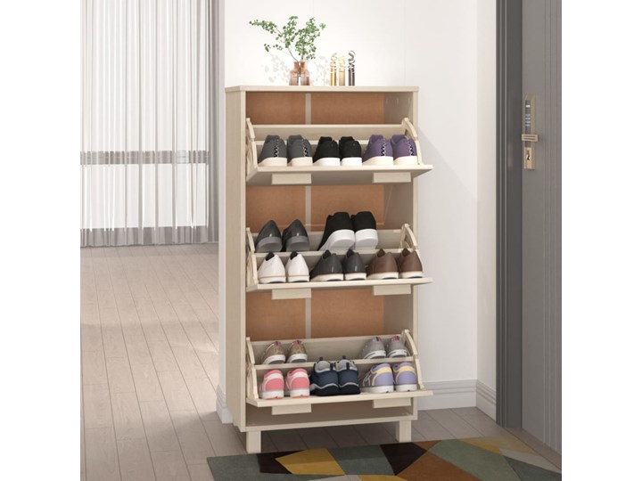vidaXL Szafka na buty, miodowy brąz, 59,5x35x117 cm, lita sosna Kategoria Szafki i regały Płyta laminowana Płyta MDF Głębokość 35 cm Drewno Tworzywo sztuczne Szerokość 60 cm Kolor Beżowy