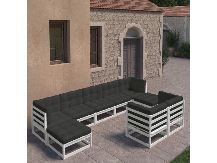 vidaXL 9-cz. zestaw wypoczynkowy do ogrodu, z poduszkami, biały, sosna Drewno Zestawy wypoczynkowe Tworzywo sztuczne Zawartość zestawu Puf