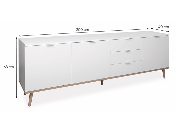 Szeroka komoda z szafkami i szufladami w stylu skandynawskim Goteborg 200 Wysokość 68 cm Szerokość 150 cm Szerokość 200 cm Wysokość 70 cm Płyta MDF Głębokość 40 cm Pomieszczenie Sypialnia