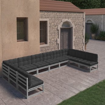 vidaXL 10-cz. zestaw wypoczynkowy do ogrodu, z poduszkami, szary, sosna