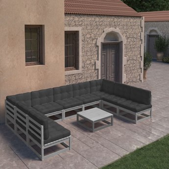 vidaXL 10-cz. zestaw wypoczynkowy do ogrodu, z poduszkami, szary, sosna