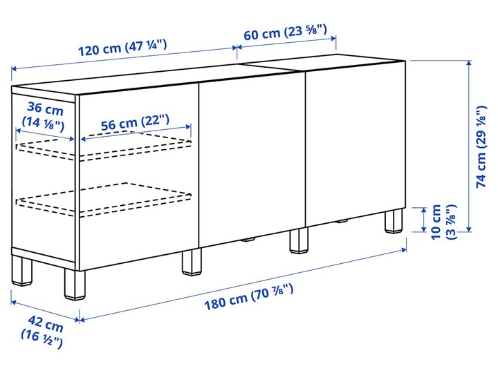 IKEA BESTÅ Kombinacja z drzwiami, Czarnybrąz/Lappviken/Stubbarp czarnybrąz, 180x42x74 cm Szerokość 142 cm Wysokość 96 cm Z szafkami i szufladami Płyta meblowa Płyta MDF Głębokość 42 cm Styl Nowoczesny