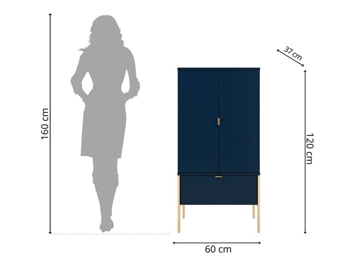Wysoka elegancka granatowa komoda Skandica POLKA na złotych nóżkach Płyta MDF Z szufladami Kategoria Komody Szerokość 60 cm Głębokość 37 cm Styl Nowoczesny