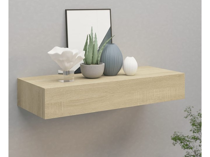 vidaXL Półka ścienna z szufladą, kolor dębu, 60 x 23,5 x 10 cm, MDF Płyta laminowana Drewno Metal Płyta MDF Na zdjęcia Kategoria Półki