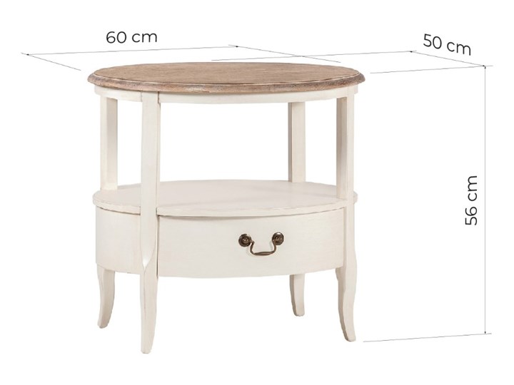 Okrągły stolik Barille, 60x50, orzech, ecru Metal Drewno Wysokość 56 cm Długość 60 cm Styl Minimalistyczny Wysokość 50 cm Funkcje Z szufladami