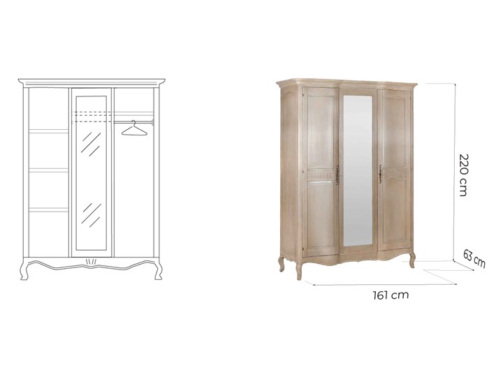 Szafa z lustrem Charlotte, 3 częściowa, przetarty beż Wysokość 220 cm Metal Kolor Beżowy Szerokość 161 cm Głębokość 63 cm Drewno Kategoria Szafy do garderoby