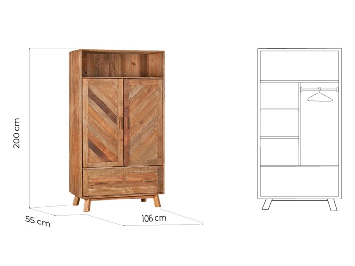 Drewniana szafa 2 drzwiowa Etnica I, 106x200 cm Głębokość 55 cm Szerokość 106 cm Drewno Styl Skandynawski Styl Nowoczesny