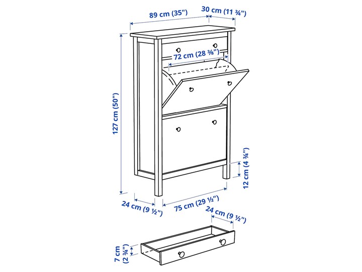 IKEA HEMNES Szafka na buty, 2 przegrody, biały, 89x30x127 cm Sosna Płyta laminowana Szerokość 89 cm Tworzywo sztuczne Głębokość 30 cm Drewno Płyta meblowa Płyta MDF Kategoria Szafki i regały