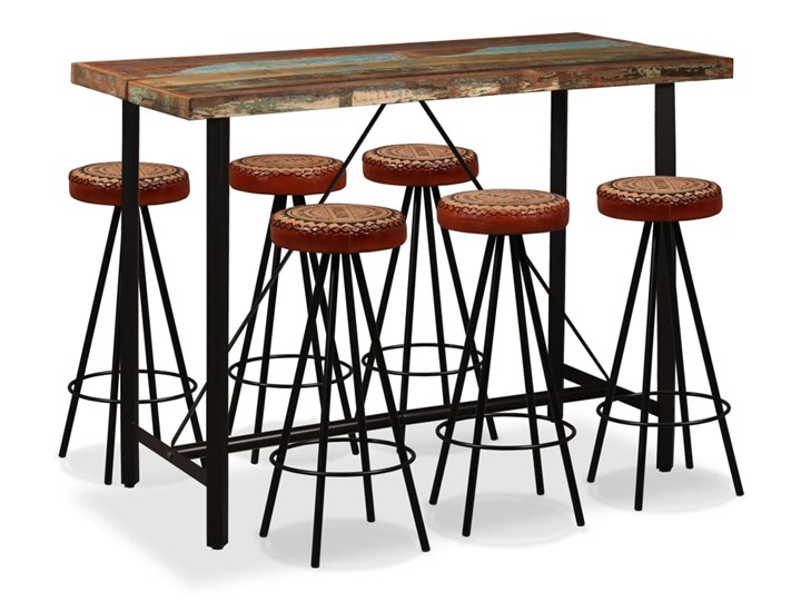 vidaXL Zestaw 7 mebli barowych, drewno odzyskane, skóra i płótno Pomieszczenie Jadalnia Kategoria Stoły z krzesłami