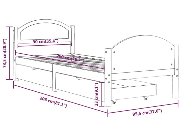 vidaXL Rama łóżka z 2 szufladami, ciemnoszara, lite drewno, 90x200 cm Łóżko drewniane Kolor Biały