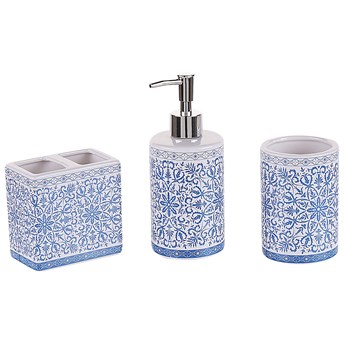 Beliani Zestaw akcesoriów łazienkowych biało-niebieski dolomit styl śródziemnomorski dozownik mydła pojemnik na szczoteczki