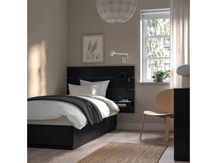 IKEA NORDLI Rama łóżka z pojemnikiem, zagłówek, antracyt, 90x200 cm Neutralne Pojedyncze Kategoria Łóżka dla dzieci Tkanina Kolor Czarny