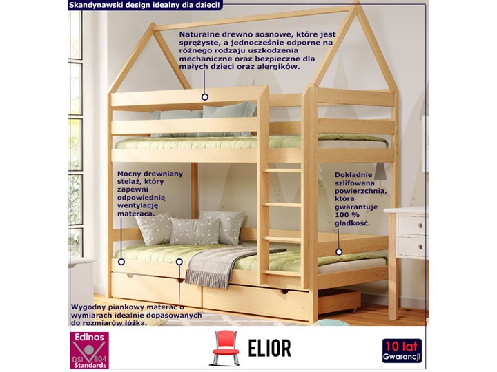 Łóżko domek z szufladami i materacami, sosna - Zuzu 4X 190x80 cm Domki Płyta meblowa Drewno Łóżko piętrowe Płyta MDF Rozmiar materaca 80x190 cm Kategoria Łóżka dla dzieci
