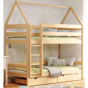 Drewniane piętrowe łóżko dziecięce domek ze stelażami i szufladą, sosna - Zuzu 4X 190x90 cm