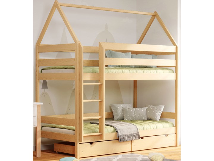 Drewniane piętrowe łóżko dziecięce domek ze stelażami i szufladą, sosna - Zuzu 4X 190x90 cm