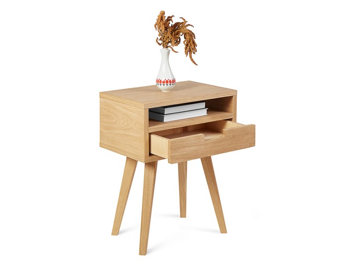 Szafka Skandynawska Nocna Lea z szufladą i półką - dębowy front Wysokość 57 cm Drewno Płyta MDF Typ Nocne Szerokość 45 cm Głębokość 30 cm Nocne Uniwersalne Styl Skandynawski