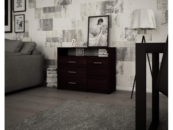 Komoda z szufladami i półkami do salonu wenge - Migres 4X Płyta MDF Wysokość 75 cm Głębokość 35 cm Szerokość 98 cm Styl Nowoczesny Pomieszczenie Sypialnia
