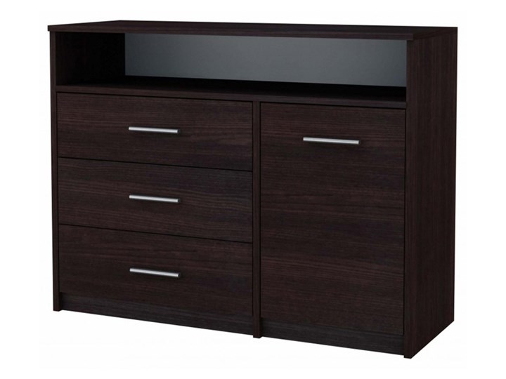 Komoda z szufladami i półkami do salonu wenge - Migres 4X Płyta MDF Głębokość 35 cm Styl Minimalistyczny Szerokość 98 cm Wysokość 75 cm Pomieszczenie Sypialnia