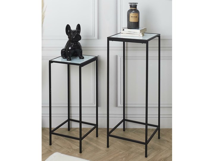 Zestaw 2 wysokich stolików pomocniczych - kwietniki Rosa Marble Długość 34 cm Wysokość 75 cm Wysokość 90 cm Szerokość 34 cm Rodzaj nóg Kółka Szerokość 30 cm Szkło Marmur Długość 30 cm Zestaw stolików Metal Styl Glamour