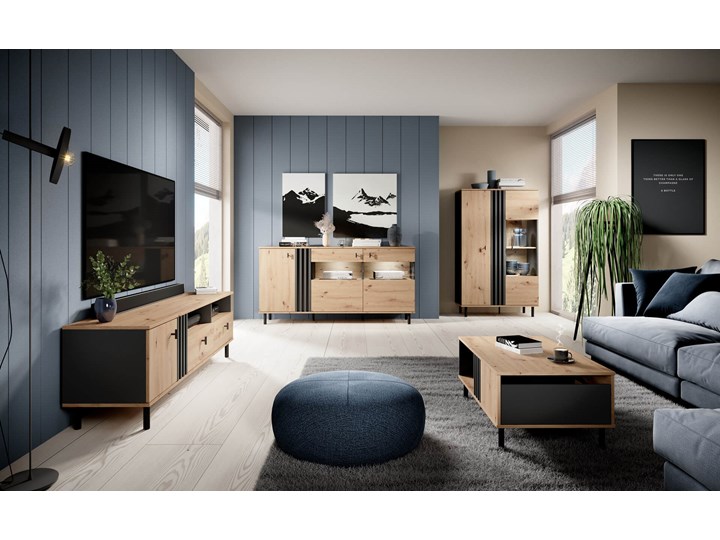 Komoda loftowa na nózkach z lamelami 3D (E) MADIS Dąb artisan / antracyt Płyta MDF Styl Industrialny