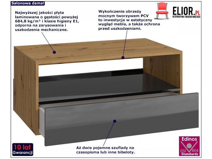 Nowoczesny stolik kawowy Felicja - dąb artisan czerń połysk Ława Zestaw stolików Wysokość 40 cm Płyta meblowa Drewno Styl Minimalistyczny