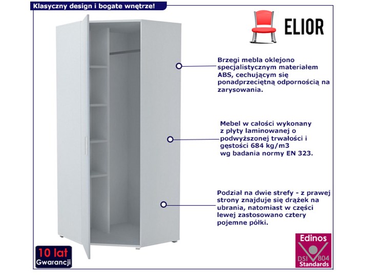 Biała szafa narożna do sypialni - Kario 3X Płyta MDF Wysokość 180 cm Pomieszczenie Garderoba Tworzywo sztuczne Szerokość 80 cm Płyta laminowana Drewno Kolor Biały