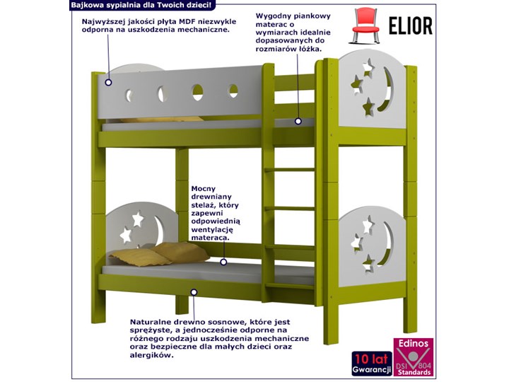 Zielone łóżko piętrowe z barierkami i drabinką - Mimi 3X 190x90 cm Płyta meblowa Płyta MDF Drewno Kolor Zielony