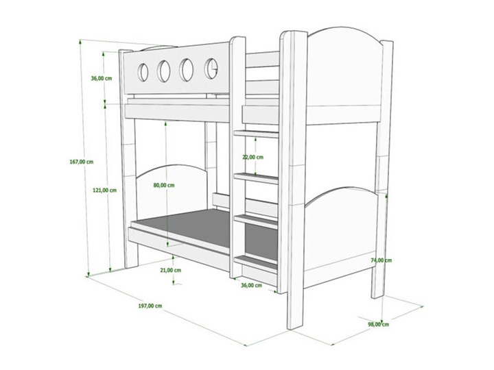 Zielone łóżko piętrowe z barierkami i drabinką - Mimi 3X 190x90 cm Rozmiar materaca 90x190 cm Płyta meblowa Drewno Płyta MDF Kolor Zielony