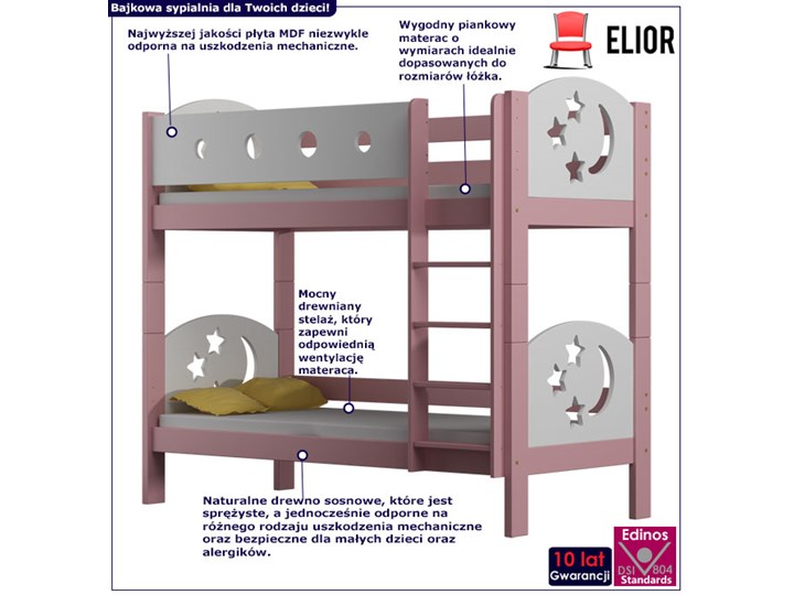 Różowe piętrowe łóżko z białymi barierkami - Mimi 3X 200x90 cm Drewno Płyta MDF Łóżko piętrowe Rozmiar materaca 90x200 cm Płyta meblowa Kolor Różowy