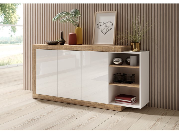 SELSEY Komoda trzydrzwiowa Ludhiana 180 cm z półkami biała/dąb Samdal Płyta MDF Płyta laminowana Pomieszczenie Pokój nastolatka Styl Nowoczesny
