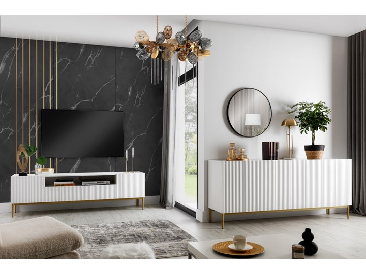 BOGART. Komoda Nicole 200 cm biały mat / złote nóżki Z szafkami i szufladami Głębokość 45 cm Płyta MDF Wysokość 85 cm Styl Glamour Wysokość 86 cm Płyta meblowa Kategoria Komody