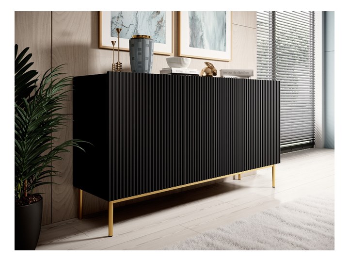 BOGART. Komoda Nicole 150 cm czarny mat / złote nóżki Z witrynami Wysokość 85 cm Głębokość 45 cm Płyta MDF Pomieszczenie Sypialnia