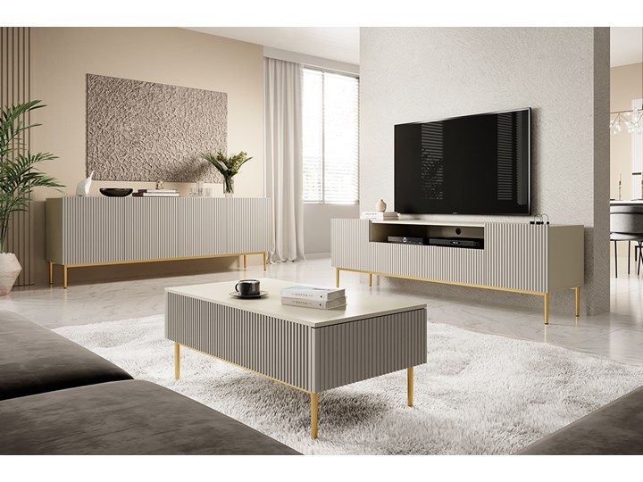 BOGART. Komoda Nicole 200 cm kaszmir / złote nóżki Z witrynami Wysokość 85 cm Głębokość 45 cm Płyta MDF Kategoria Komody Kolor Złoty