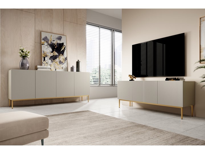 BOGART. Komoda Nicole 200 cm kaszmir / złote nóżki Głębokość 45 cm Z witrynami Płyta MDF Wysokość 85 cm Styl Nowoczesny