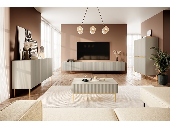 BOGART. Kredens Nicole kaszmir/ złote nóżki Szerokość 100 cm Płyta MDF Pomieszczenie Salon Głębokość 45 cm Wysokość 160 cm Pomieszczenie Sypialnia